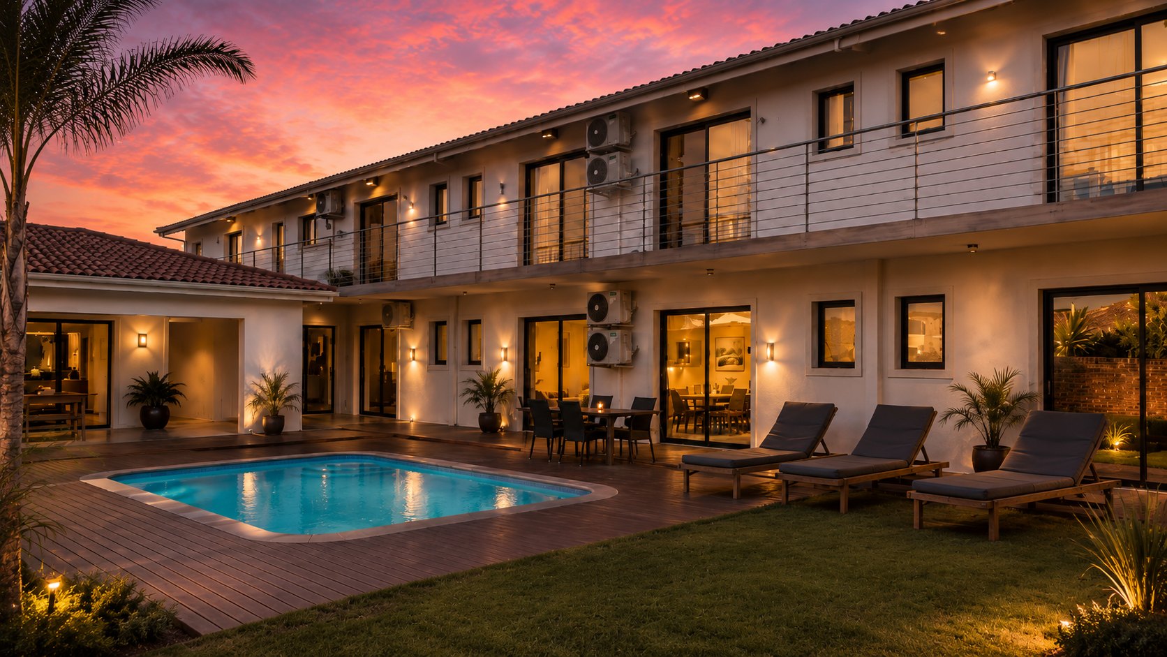 Grand House Lodge exterior with swimming pool